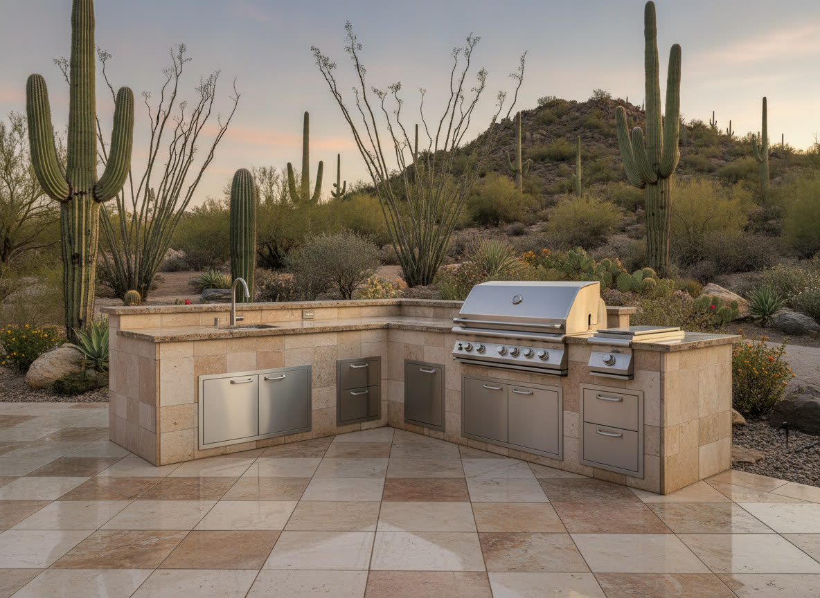 Clean outdoor kitchen and grill on a desert patio